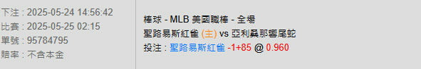 5/25【MLB賽事分析】02:15 聖路易斯紅雀(主) VS 亞利桑那響尾蛇 2 photo 2025 05 24 15 03 33