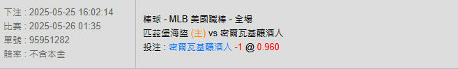 5/26【MLB賽事分析】01:35 匹茲堡海盜(主) VS 密爾瓦基釀酒人 2 photo 2025 05 25 16 07 41