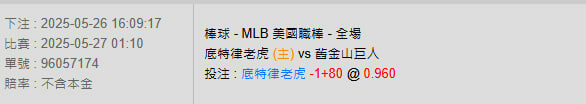 5/27【MLB賽事分析】01:10 底特律老虎(主) VS 舊金山巨人 2 photo 2025 05 26 16 15 42