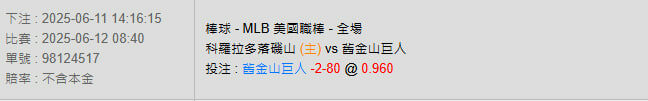 6/12【MLB賽事分析】08:40 科羅拉多落磯山(主) VS 舊金山巨人 2 photo 2025 06 11 14 23 28