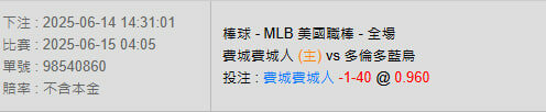 6/15【MLB賽事分析】04:05 費城費城人(主) VS 多倫多藍鳥 2 photo 2025 06 14 14 34 59