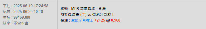 6/20【MLB賽事分析】10:10 洛杉磯道奇 (主) vs 聖地牙哥教士 2 到期