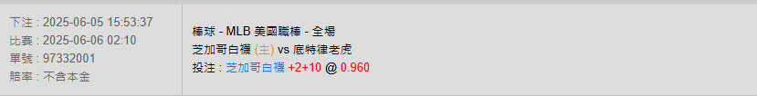 6/6【MLB賽事分析】02:10 芝加哥白襪(主) VS 底特律老虎 2 老虎老虎