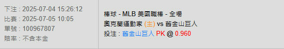 7/5【MLB賽事分析】10:05 奧克蘭運動家(主) vs 舊金山巨人 2 photo 2025 07 04 15 26 33