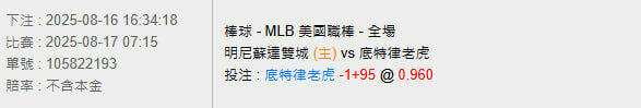8/17【MLB賽事分析】07:15 明尼蘇達雙城 (主) vs 底特律老虎 2 photo 2025 08 16 16 53 23