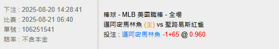 8/21【MLB賽事分析】06:40 邁阿密馬林魚 (主) vs 聖路易斯紅雀 2 photo 2025 08 20 14 31 00