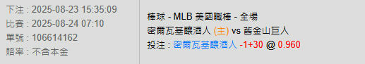 8/24【MLB賽事分析】07:10 密爾瓦基釀酒人(主) vs 舊金山巨人 2 photo 2025 08 23 15 39 21