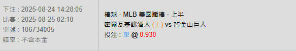 8/25【MLB賽事分析】02:10 密爾瓦基釀酒人(主) vs 舊金山巨人 2 photo 2025 08 24 14 38 17
