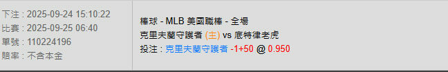9/25【MLB賽事分析】06:40 克里夫蘭守護者 (主) vs 底特律老虎 2 photo 2025 09 24 15 11 39