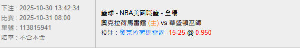 10/31【NBA賽事分析】08:00 奧克拉荷馬雷霆 (主) vs 華盛頓巫師 2 photo 2025 10 30 13 59 52
