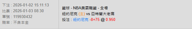 1/3【NBA籃球賽事分析】08:30 紐約尼克 (主) vs 亞特蘭大老鷹 2 photo 2026 01 02 15 25 16