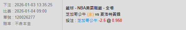 1/4【NBA籃球賽事分析】09:00 芝加哥公牛 (主) vs 夏洛特黃蜂 2 photo 2026 01 03 14 17 39